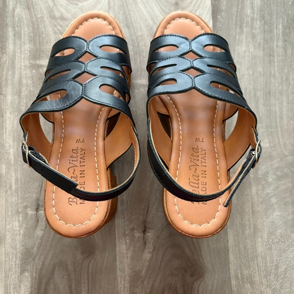 Bella Vita Made in Italy Black Leather Wedge Sandals Strappy Platform Heels 7W - Picture 8 of 14